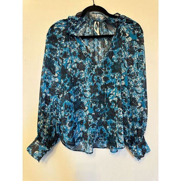 Anthropologie Blue Sheer Printed Peasant Blouse  Size XS - Picture 6 of 9